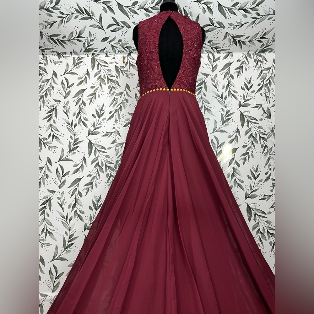 Burgundy Lace Bodice Evening Gown Flowing Chiffon Skirt Prom Cocktail Sz M NWT D - Picture 11 of 13